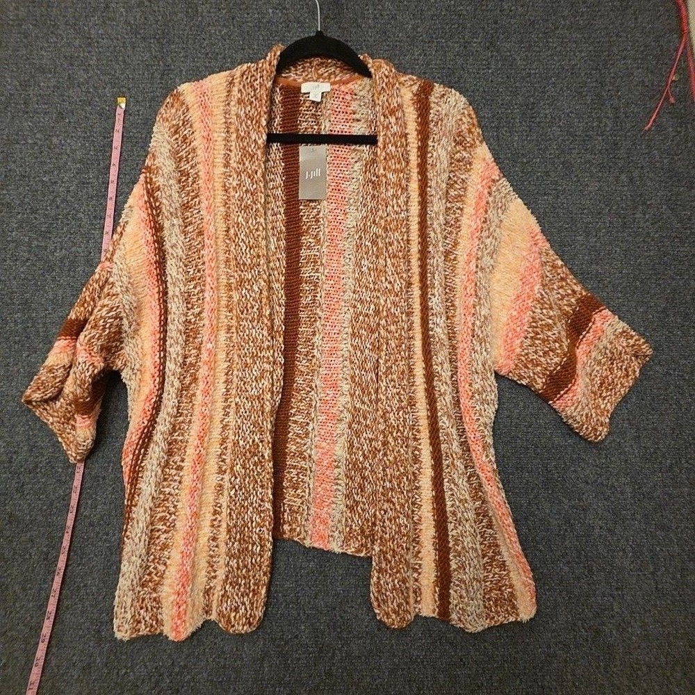 J Jill Cardigan Sweater Womens Petite Medium MP Multicolor Stripe Open Knit